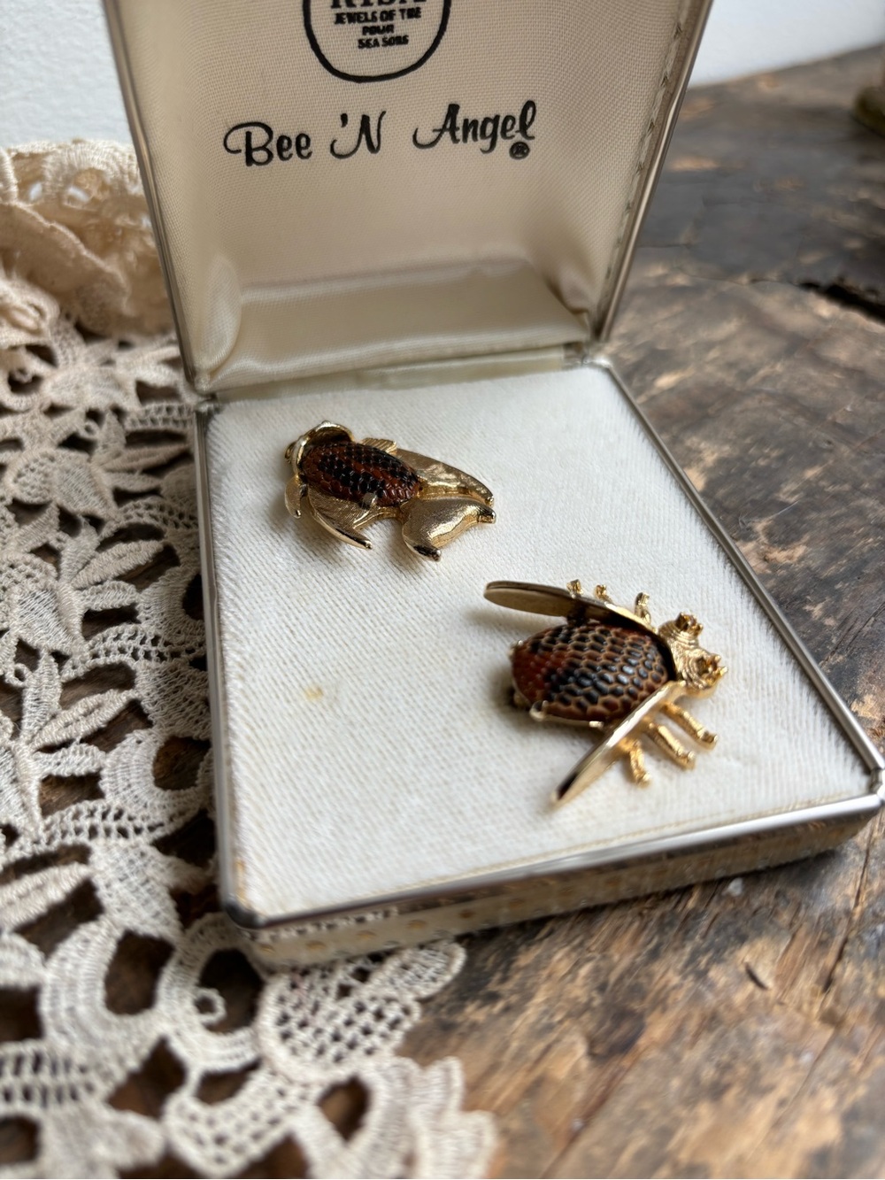 Vintage Risa Bee And Angel Fish Brooch And Pin Set With Textured Enamel View 2